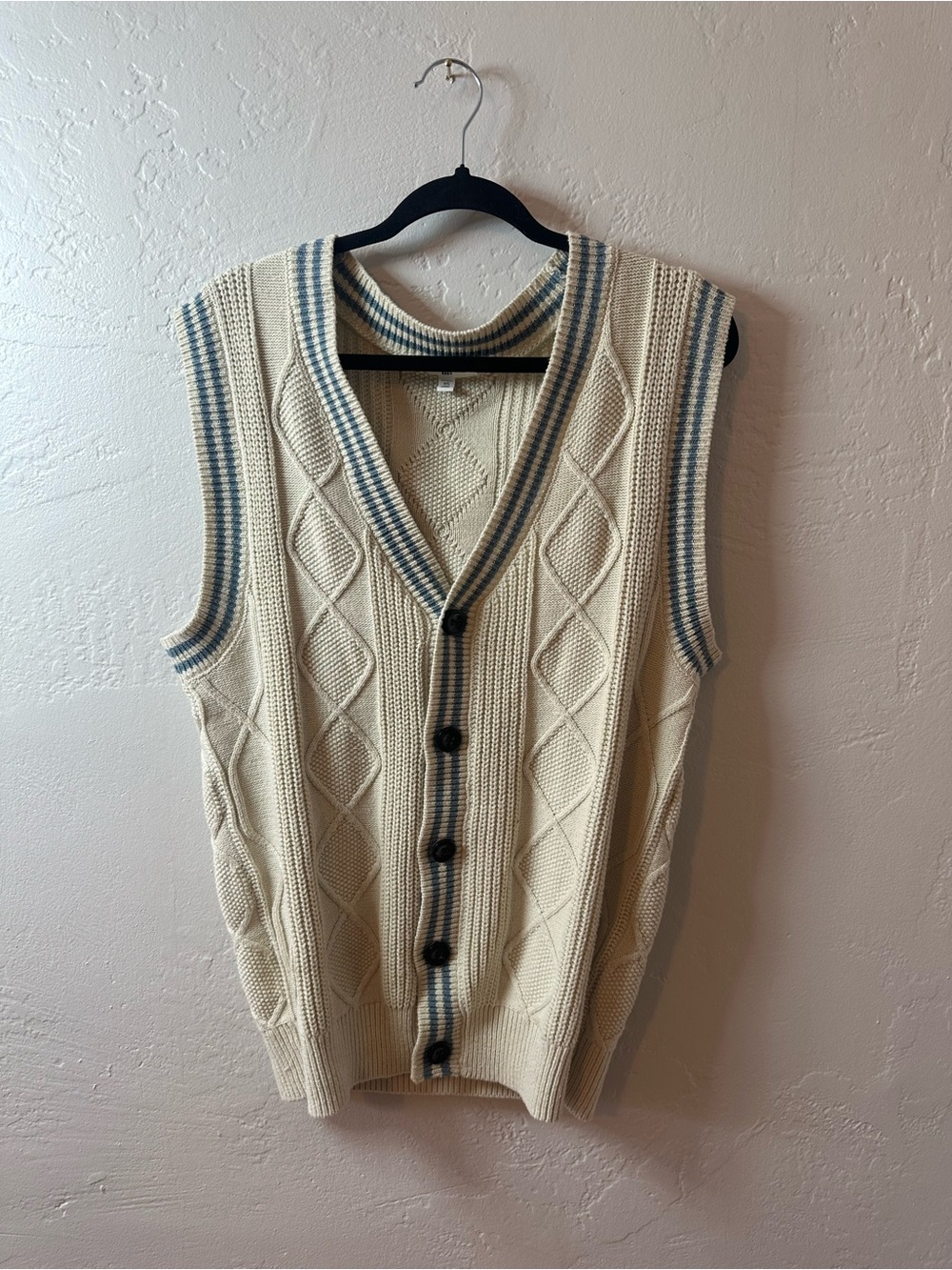 Urban Outfitters Cream Knit Cable Sleeveless Cardigan with Blue Trim